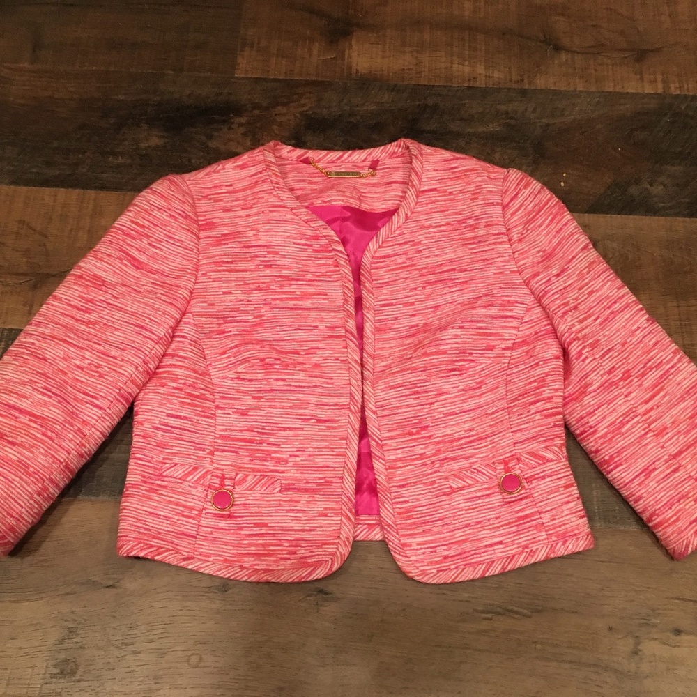 Trina Turk Pink & White Cotton Blend Three Quarter Sleeve Short Jacket, Sz 2